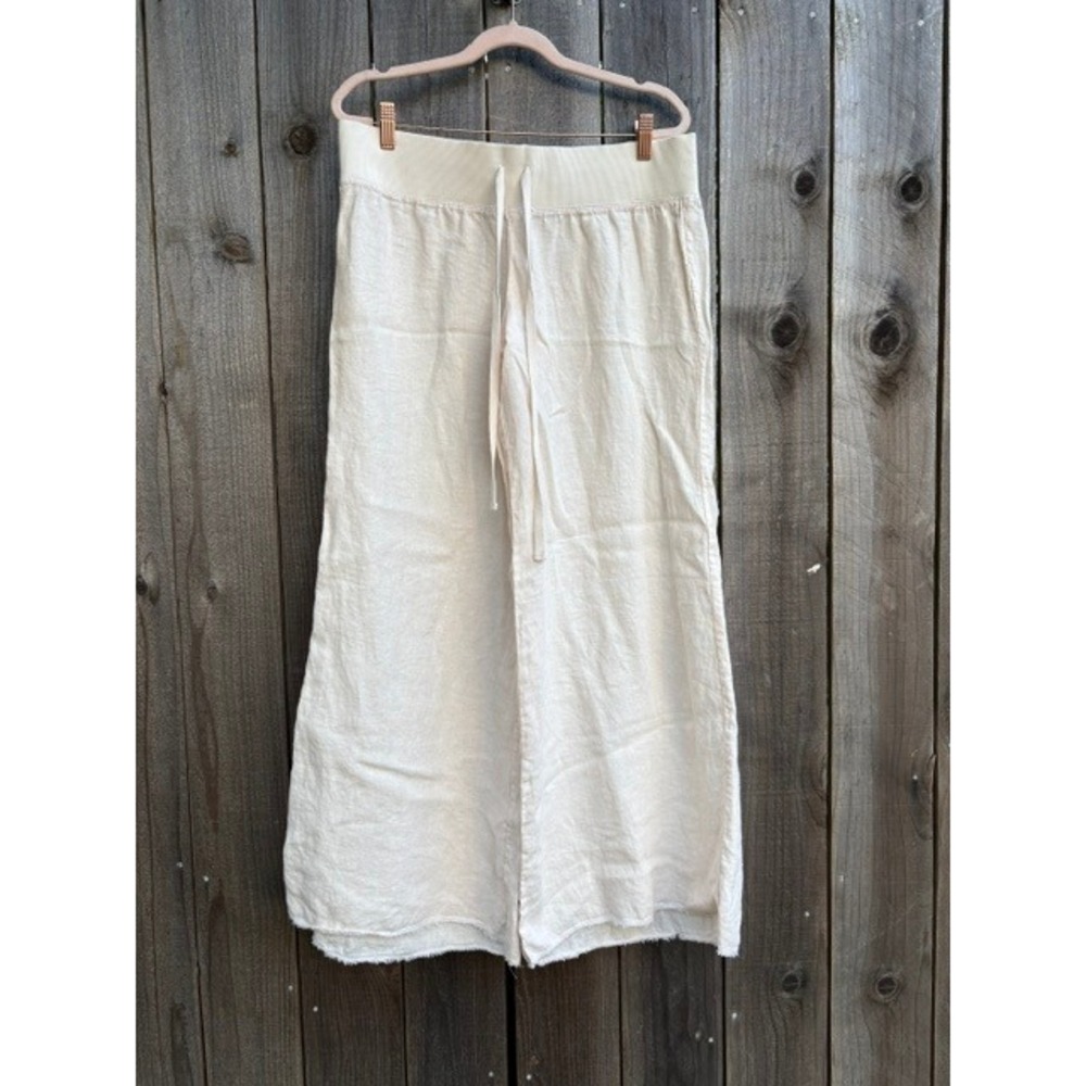 Krisa Women Cream Oatmeal Linen Wide Leg Drawstring Pants Raw Hem Size L
